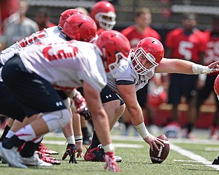 YOUNGSTOWN, OHIO - AUGUST 5, 2016: Center Vitas Hrynkiewicz #70 of YSU calls out the defense to the other offensive linemen before the snap of the football during a 11 on 11 session of practice Friday afternoon at Stambaugh Stadium. DAVID DERMER | THE VINDICATOR