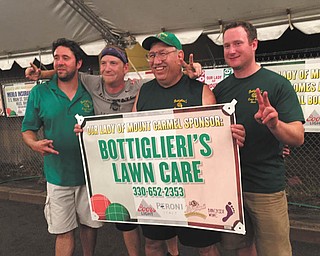 SPEICAL TO THE VINDICATOR
For the second year in a row, members of Bottiglieri’s Lawn Care team won the boccie tournament that took place during the annual festival at Our Lady of Mount Carmel in Niles. After coming out of the loser’s bracket in the early rounds, the team had to win four games in a row to grab the trophy. From left are participating team members Jason Uber, Steve “Bubba” Infante, Andy Bottiglieri, team captain, and Nate Persin. Cecil Lucci also was a member of the team.

