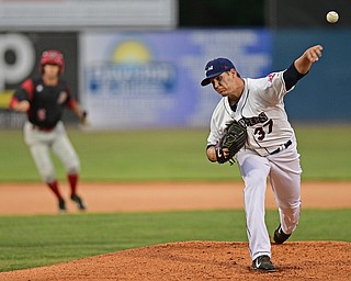 NILES, OHIO - AUGUST 10, 2016: Starting pitcher Brady Aiken #37 of the Scrappers delivers in the first inning of Wednesday nights game at Eastwood Field. DAVID DERMER | THE VINDICATOR