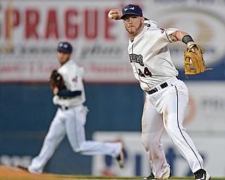 NILES, OHIO - AUGUST 10, 2016: Third baseman Gavin Collins #44 of the Scrappers prepares to throw to first for the out in the second inning of Wednesday nights game at Eastwood Field. DAVID DERMER | THE VINDICATOR