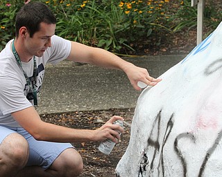 Nikos Frazier | The Vindicator..Jake Schriner-Briggs paints over "Go Bears" outside the Kilcawley Center on Monday. Schriner-Briggs and other students painted "Love Trumps Hate" on the Rock Sunday night but an unkown party painted over "hate" and was replaced with "Go Bears."