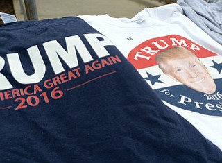 Jeff Lange | The Vindicator  MON, AUG 15, 2016 - Pro-Trump t-shirts for sale on Fifth Street across from Stambaugh Stadium, Monday morning prior to Donald Trump's speech to area republicans at YSU's Kilcawley Center.