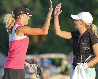 William D. Lewis The Vindicator Katie McDevitt, left, winner of GGOV womens long drive, hi 5s Hannah Rohrabaugh(ck spelling with gulas) runner up at Tippecanoe August 18, 2016
