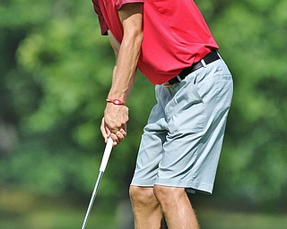 Jeff Lange | The Vindicator  FRI, AUG 19, 2016 - Brandon Pluchinsky watches his putt to North No. 1 during the first round of the 2016 Farmers Bank Greatest Golfer of the Valley competition held at Mill Creek Golf Course on Friday, Aug. 19, 2016.