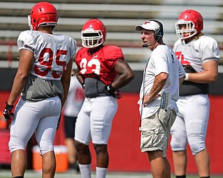 YOUNGSTOWN, OHIO - AUGUST 20, 2016: Youngstown State head coach Bo Pelini looks to the sideline for the play call before the snap of the football during a scrimmage Saturday morning at Stambaugh Stadium. DAVID DERMER | THE VINDICATOR