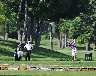 Jeff Lange | The Vindicator  SUN, AUG 21, 2016 - Brandon Pluchinsky (right) watches his tee shot on No. 9 during a playoff against Joe Cilone (left) during the final round of the 2016 Farmers Bank Greatest Golfer of the Valley competition held at the Lake Club in Poland, Sunday, Aug. 21, 2016.