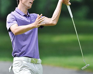 Jeff Lange | The Vindicator  SUN, AUG 21, 2016 - Brandon Pluchinsky reacts after a putt stops short of the No. 16 hole during the final round of the 2016 Farmers Bank Greatest Golfer of the Valley competition held at the Lake Club in Poland, Sunday, Aug. 21, 2016.