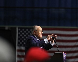 Nikos Frazier | The Vindicator..Rudy Giuliani introduces Republican presidential candidate Donald Trump at a campaign rally in Akron, Oh., Saturday, Aug. 20, 2016.