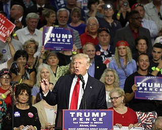 Nikos Frazier | The Vindicator..Republican presidential candidate Donald Trump speaks at a campaign rally in Akron, Oh., Saturday, Aug. 20, 2016.
