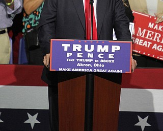 Nikos Frazier | The Vindicator..Republican presidential candidate Donald Trump speaks at a campaign rally in Akron, Oh., Saturday, Aug. 20, 2016.