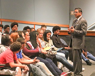        ROBERT K. YOSAY  | THE VINDICATOR.. Krish Mohip...... talks to seniors at East.....Krish Mohip, city schools chief executive officer, started his first day of school this morning at Discovery Transition to Careers at Volney.... - -30-...