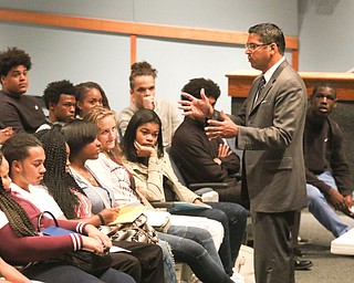        ROBERT K. YOSAY  | THE VINDICATOR.. Krish Mohip...... talks to seniors at East.....Krish Mohip, city schools chief executive officer, started his first day of school this morning at Discovery Transition to Careers at Volney.... - -30-...