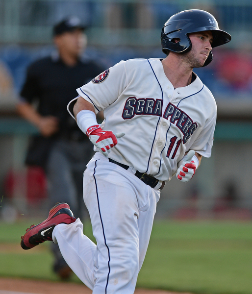 NILES, OHIO - AUGUST 22, 2016:Logan Ice #11 of the Scrappers runs to first after hitting a single in the second inning of Monday nights game at Eastwood Field. DAVID DERMER | THE VINDICATOR