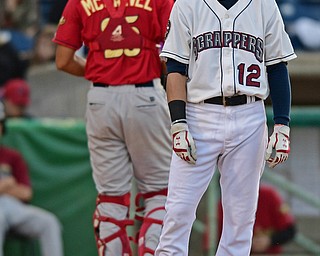 NILES, OHIO - AUGUST 22, 2016:Alexis Pantoja #12 of the Scrappers stares in disbelief after hitting into a double play to end the second inning of Monday nights game at Eastwood Field. DAVID DERMER | THE VINDICATOR