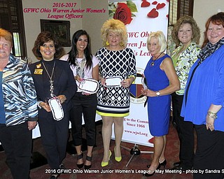 SPECIAL TO THE VINDICATOR
Diedra Devore, GFWC Ohio Director of Junior Clubs, installed Warren Junior Women’s League officers for the 2016-2017 club year with the assistance of Pam Vines, GFWC Ohio Northeast District junior director. Officials completing the installation and new officers, from left, are Vines; Stephanie Furano, treasurer; Cara Mia Gatti, secretary; Julie Vugrinovich, president; Linda McCready, second vice president; Becky Bucco, first vice president; and Devore. The WJWL will celebrate its 50th anniversary on Oct. 26. Members have included teachers, homemakers, retirees, and administrative and medical professionals. WJWL maintains its mission to community improvement through service and volunteer work. The club meets on the first Wednesday of the month from September to May. For information on joining, call McCready at 330-307-5250.