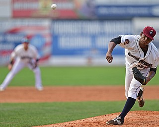 NILES, OHIO - AUGUST 28, 2016: Relief pitcher Luis Jimenez #38 of the Scrappers delivers in the fourth inning of Sunday afternoons game at Eastwood Field. DAVID DERMER | THE VINDICATOR