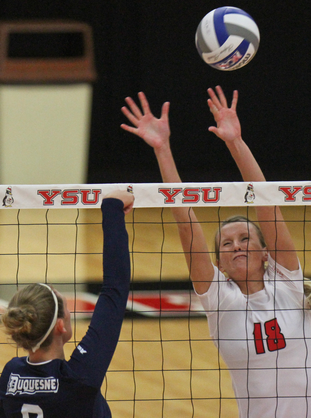 William D. Lewis The vindiavtor  YSU's Lori Vanbeek(18) blocks a shot from DukesLacy Levers(8) during Tuesday action at YSU.