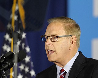 Nikos Frazier | The Vindicator..Former Gov. Ted Strickland speaks to a small crowd before introducing Vice President Joe Biden at the UAW Local 1714 Hall in Lordstown on Thursday, Sept. 1, 2016.