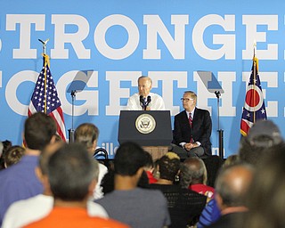 Nikos Frazier | The Vindicator..Vice President Joe Biden speaks to a small crowd at the UAW Local 1714 Hall in Lordstown on Thursday, Sept. 1, 2016.