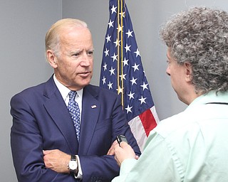 Nikos Frazier | The Vindicator..Vice President Joe Biden talks with Vindicator Reporter Dave Skolnik in an exclusive interview at the UAW Local 1714 Hall in Lordstown after speaking with a small crowd on Thursday, Sept. 1, 2016.