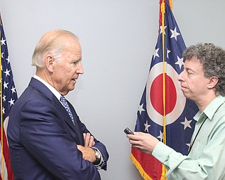 Nikos Frazier | The Vindicator..Vice President Joe Biden talks with Vindicator Reporter Dave Skolnik in an exclusive interview at the UAW Local 1714 Hall in Lordstown after speaking with a small crowd on Thursday, Sept. 1, 2016.