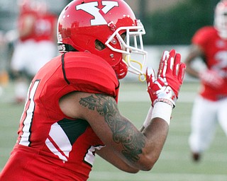 William D. Lewis/The Vindicator YSU Darien Townsend(21) reacts after scoring during 1rst qtr of Sept. 1, 2016 game with Duquesne
