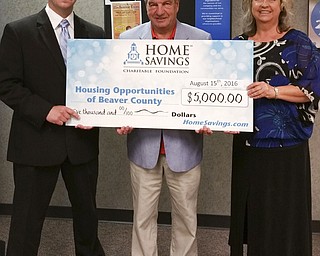 SPECIAL TO THE VINDICATOR
Home Savings Charitable Foundation donated $5,000 to Housing Opportunities of Beaver County. From left are Ben Fenchak, Home Savings Beaver office; Frank Wilson, executive director of Housing Opportunities of Beaver County; and Denise Baker, mortgage loan specialist with Home Savings. The Housing Opportunities program assists low- to moderate-income people and first-time home buyers by providing mortgage foreclosure counseling services, credit report reviews and energy assistance. For information, call 724-728-7511 or visit www.hobcinfo.org.