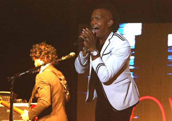 Newsboys lead singer Michael Tait perform at the Canfield Fair on Sunday night.  Dustin Livesay  |  The Vindicator  9/4/16  Canfield Fair
