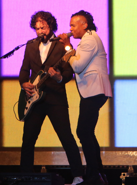 Newsboys lead singer Michael Tait (right) and lead guitarist Jody Davis (left) perform at the Canfield Fair on Sunday night.  Dustin Livesay  |  The Vindicator  9/4/16  Canfield Fair