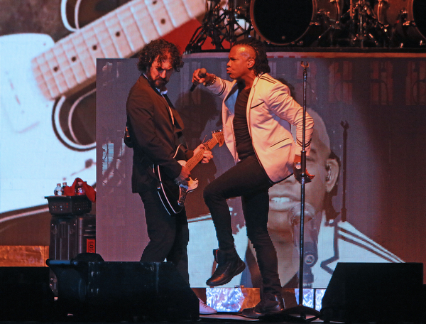 Newsboys lead singer Michael Tait (right) and lead guitarist Jody Davis (left) perform at the Canfield Fair on Sunday night.  Dustin Livesay  |  The Vindicator  9/4/16  Canfield Fair
