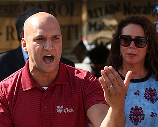 Nikos Frazier | The Vindicator..Ohio Senator Joe Schiavoni speaks at a press conference outside the Mahoning County Democratic Party Tent at the Canfield Fair on Monday, Sept. 5, 2016.