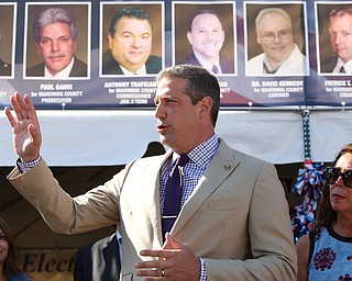 Nikos Frazier | The Vindicator..Rep. Tim Ryan speaks at a press conference outside the Mahoning County Democratic Party Tent at the Canfield Fair on Monday, Sept. 5, 2016.