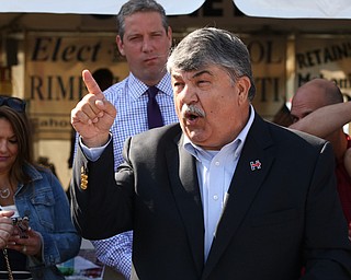 Nikos Frazier | The Vindicator..Richard Trumka, AFL-CIO President, speak at a press conference outside the Mahoning County Democratic Party Tent at the Canfield Fair on Monday, Sept. 5, 2016.