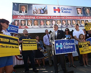 Nikos Frazier | The Vindicator..Richard Trumka, AFL-CIO President, speak at a press conference outside the Mahoning County Democratic Party Tent at the Canfield Fair on Monday, Sept. 5, 2016.