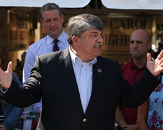 Nikos Frazier | The Vindicator..Richard Trumka, AFL-CIO President, speak at a press conference outside the Mahoning County Democratic Party Tent at the Canfield Fair on Monday, Sept. 5, 2016.