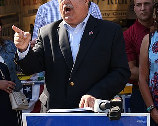 Nikos Frazier | The Vindicator..Richard Trumka, AFL-CIO President, speak at a press conference outside the Mahoning County Democratic Party Tent at the Canfield Fair on Monday, Sept. 5, 2016.