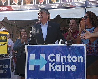 Nikos Frazier | The Vindicator..Richard Trumka, AFL-CIO President, speak at a press conference outside the Mahoning County Democratic Party Tent at the Canfield Fair on Monday, Sept. 5, 2016.