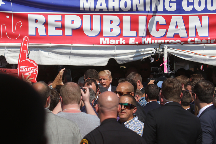  .          ROBERT  K. YOSAY | THE VINDICATOR..The Donald speaks briefly to crwod as he exittied...Donald Trump... visitedthe Canfield Fair on Monday afternoon..-30-