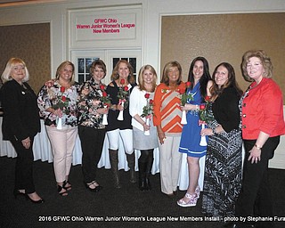 SPECIAL TO THE VINDICATOR
GFWC Ohio Warren Junior Women’s League recently welcomed seven new members. Second vice president and 2015-2016 membership chairwoman Becky Bucco, President Mary Lou Jarrett and special guest GFWC Northeast District President Esther Gartland hosted the installation ceremony at Avalon Inn in Howland. New members received a federation pin and a red rose, the club flower. New members and officers who participated in the ceremony were, from left, Gartland, Missy Parker, Tammy Metzger, Jean Mellott, Lindsay McCoy, Jarrett, Mattatha Easton, Yvette Hughes and Bucco. Brenda Starr also is a new member. For information on joining the WJWL, contact 2016-2017 membership chairwoman Linda McCready at 330-307-5250.