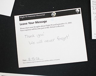 Nikos Frazier | The Vindicator.."Thank You! We will never forget!" is written on a note on a message board at the Flight 93 National Memorial in Shanksville, Pa.