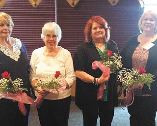 SPECIAL TO THE VINDICATOR
Newcomers of Mahoning Valley presented flowers to newly elected officers during a recent installation luncheon. The newly elected officers include Regina Jenkins, left, secretary; Carol Gregg, treasurer; Jorine Stone, vice president; and Amy Pendleton, president. Newcomers was formed 25 years ago to offer new residents of the valley a way to meet people and become familiar with various events and places in the community. The organization will begin its 2016-2017 year with a meet-and-greet luncheon at 11:30 a.m. Sept. 28 at Boardman Park. Members will be served Panera Bread boxed lunches and will learn more about the organization’s Needlework Group, Roundtowners Group, Birthday Group and Movie or Book Clubs. For information or a reservation, call Pendleton at 330-953-3349 or Stone at 330-757-7212.