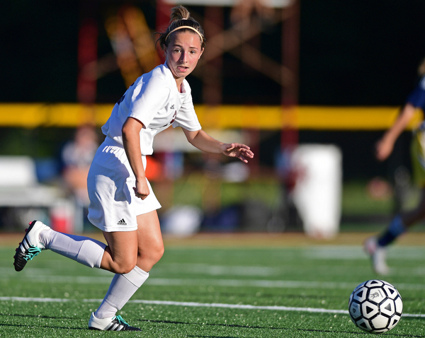 CANFIELD, OHIO - SEPTEMBER 12, 2016: Lilian Kimple #3 of South Range looks toward the nat while gaining control of the ball during the second half of their game Monday night at South Range High School. DAVID DERMER | THE VINDICATOR.