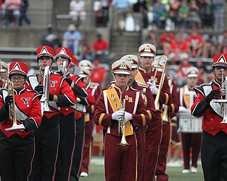 Nikos Frazier | The Vindicator..The South Range High School marching band(center) performs along side the Youngstown State University marching band at Stambaugh Stadium before YSU takes on Robert Morris University on Saturday, Sept. 17, 2016.