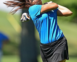 POLAND, OHIO - SEPTEMBER 19, 2016: Jacinta Pikunas of Boardman tees off on the 7th hole Monday afternoon at The Lake Club during the Christine Terlesky Benefit Golf Tournament. DAVID DERMER | THE VINDICATOR