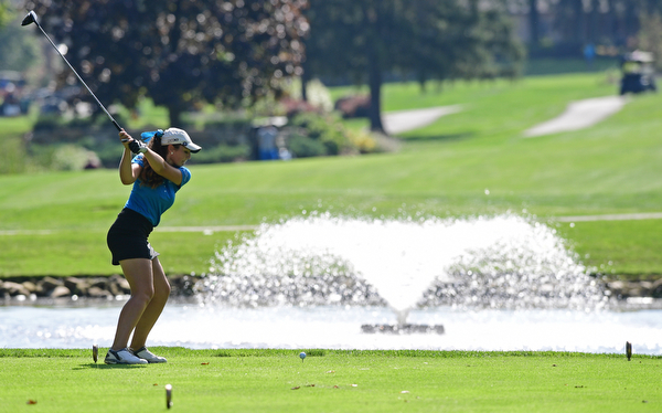 POLAND, OHIO - SEPTEMBER 19, 2016: Jenna Vivo of Boardman tees off on the 8th hole Monday afternoon at The Lake Club during the Christine Terlesky Benefit Golf Tournament. DAVID DERMER | THE VINDICATOR