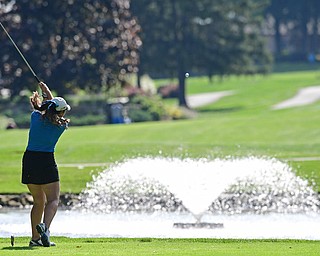 POLAND, OHIO - SEPTEMBER 19, 2016: Jenna Vivo of Boardman tees off on the 8th hole Monday afternoon at The Lake Club during the Christine Terlesky Benefit Golf Tournament. DAVID DERMER | THE VINDICATOR