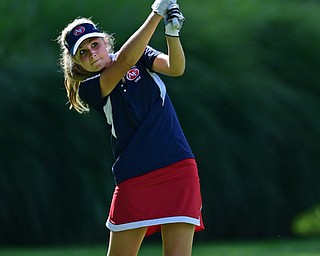 POLAND, OHIO - SEPTEMBER 19, 2016: Maddy Weaver of Fitch tees off on the 1st hole Monday afternoon at The Lake Club during the Christine Terlesky Benefit Golf Tournament. DAVID DERMER | THE VINDICATOR