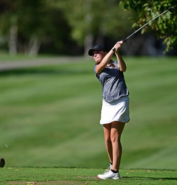 POLAND, OHIO - SEPTEMBER 19, 2016: Lizzie Lavelle of Howland tees off on the 15th hole Monday afternoon at The Lake Club during the Christine Terlesky Benefit Golf Tournament. DAVID DERMER | THE VINDICATOR