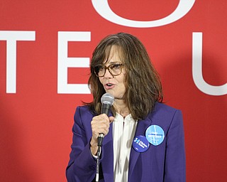 Nikos Frazier | The Vindicator..Actress Sally Fields speaks in support of former Sec. of State Hillary Clinton with Clinton's daughter, Chelsea Clinton at the Youngstown State University Community Room in the Covelli Centre on Saturday, Sept. 24, 2016 in Youngstown.