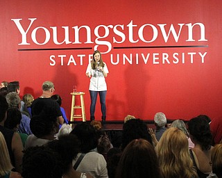 Nikos Frazier | The Vindicator..Chelsea Clinton, daughter of Democratic presidential candidate Hillary Clinton and President Bill Clinton, speaks in support of her mother at the Youngstown State University Community Room in the Covelli Centre on Saturday, Sept. 24, 2016 in Youngstown.